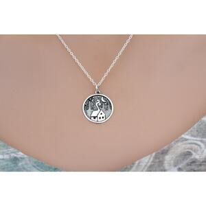 Sterling Silver Etched Cabin with Trees and Moon Charm Necklace